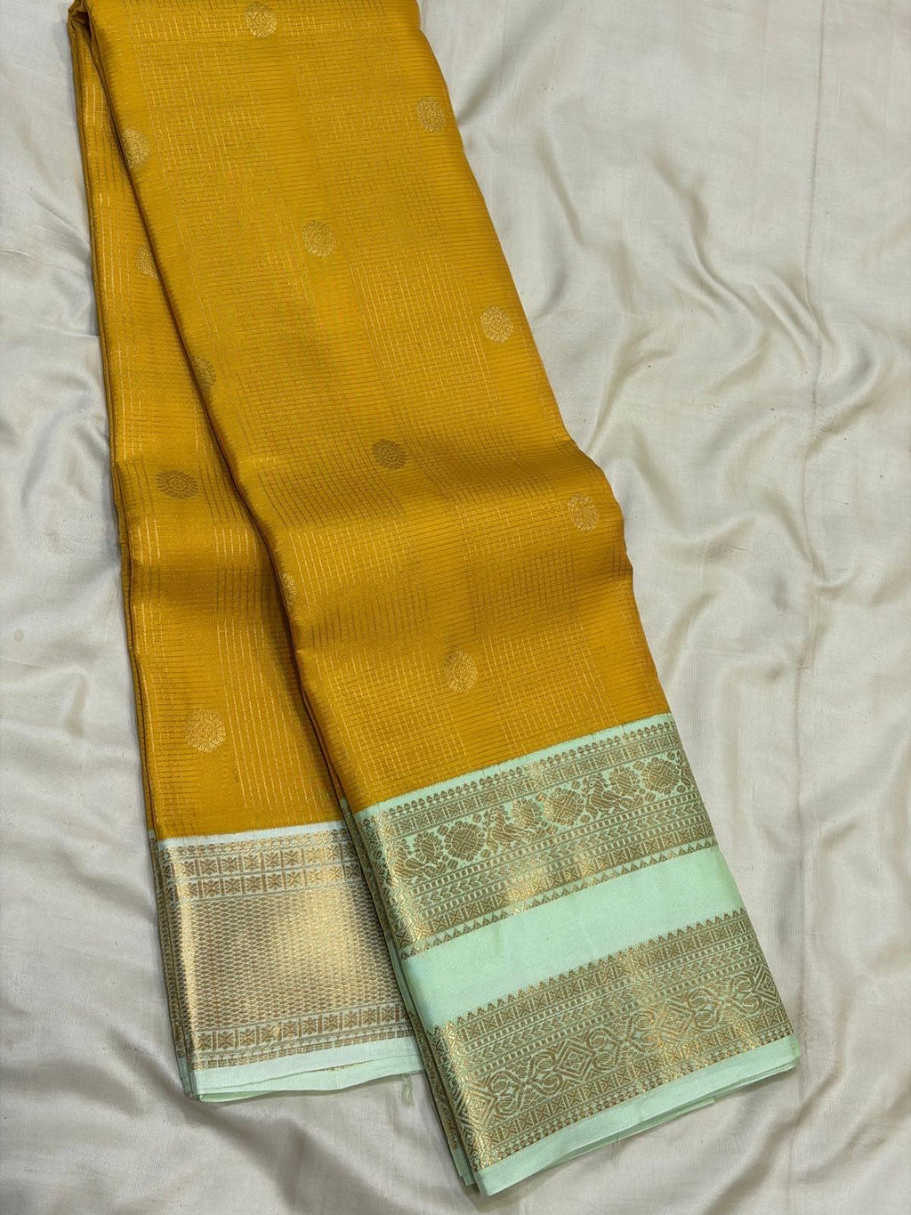 Mustard Yellow Kanchipuram Silk Saree with Pastel Mint Border