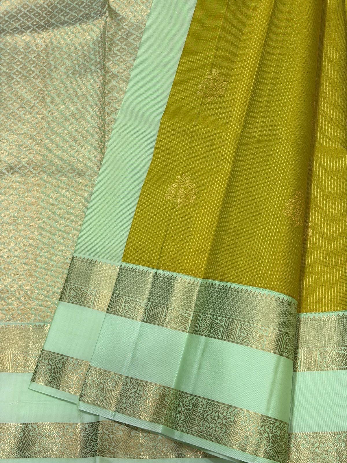 Leaf Green Kanchipuram Silk Saree with Pastel Mint Border