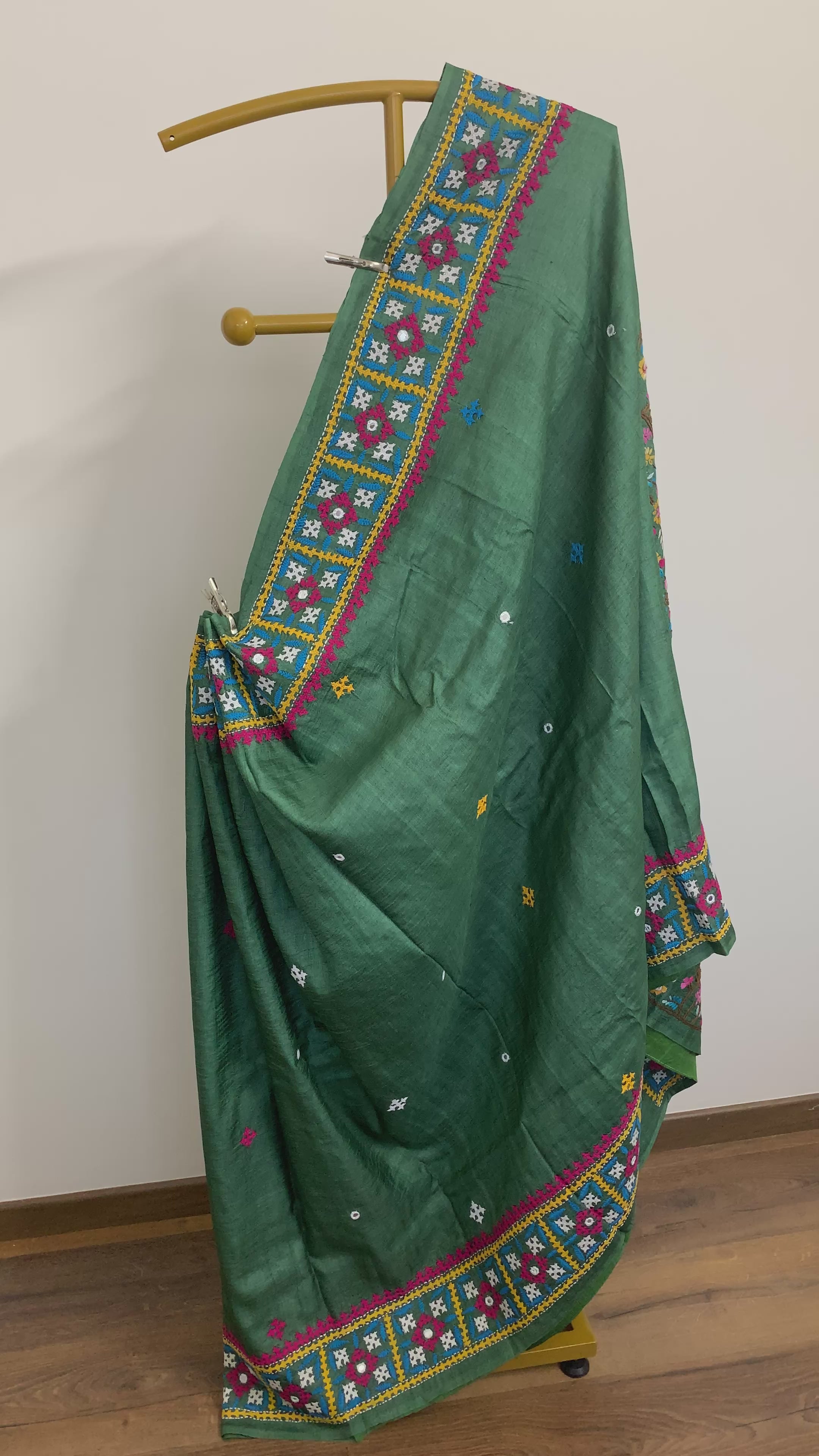 Jade Green Kutch & Parsigara Embroidery Tussar Silk Saree