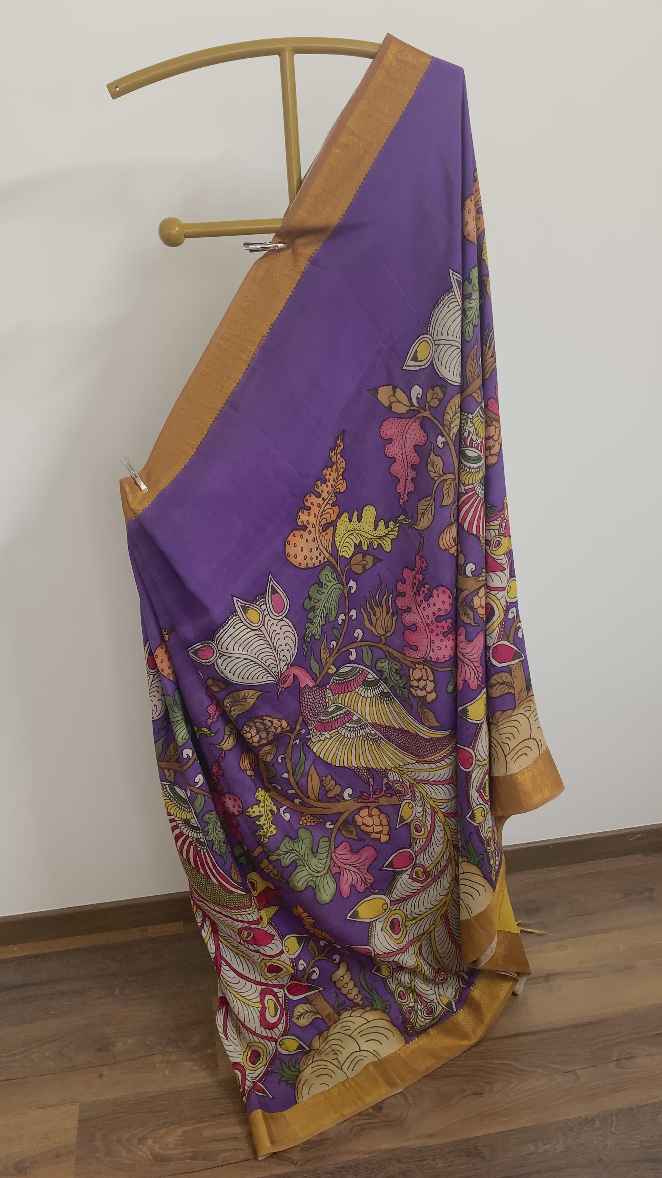 Purple and Yellow Pen Kalamkari Silk Saree