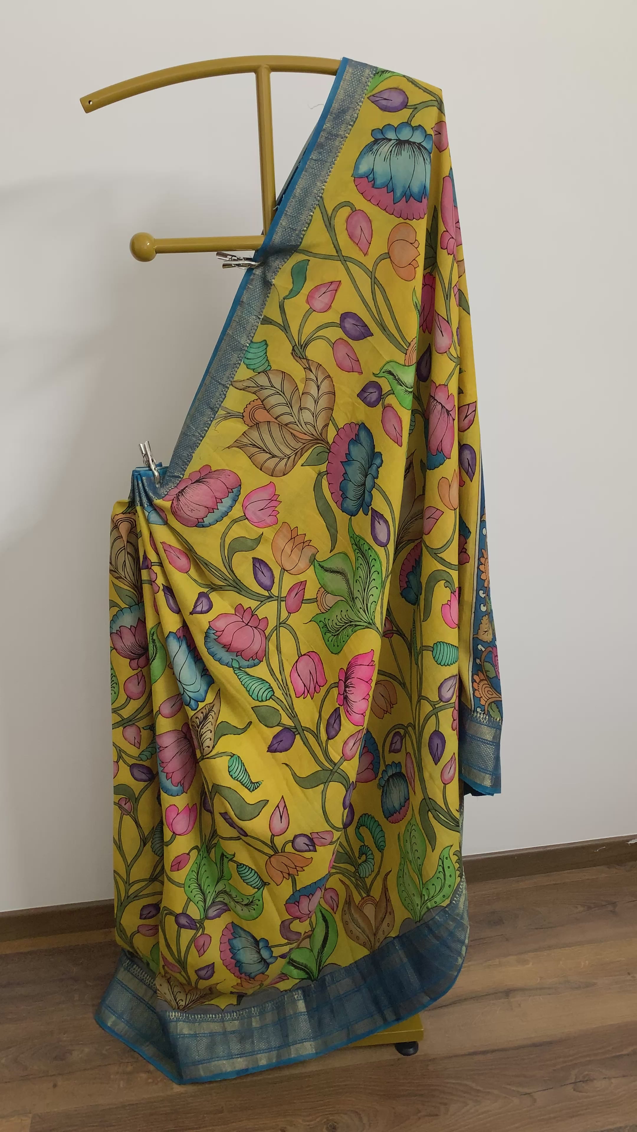 Yellow and Blue Pen Kalamkari Silk Saree