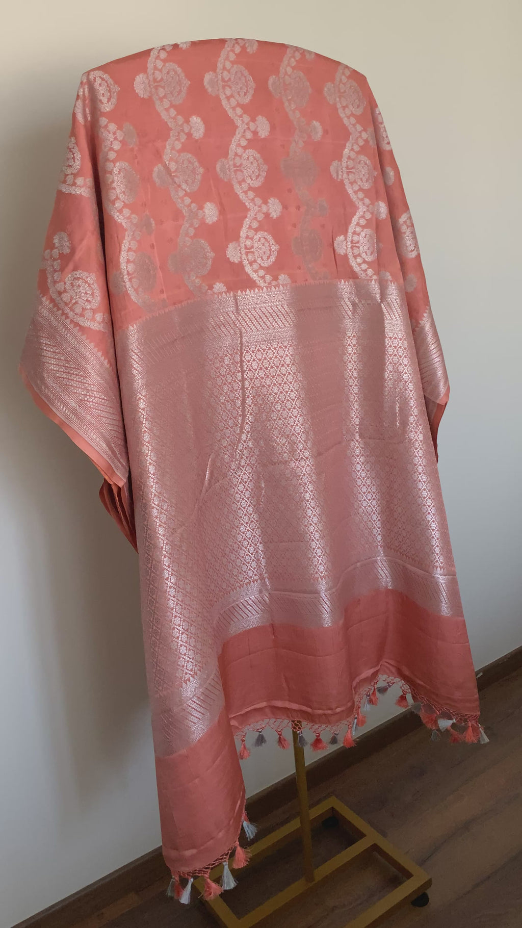 Pastel Deep Peach Banarasi Mashru Silk Saree