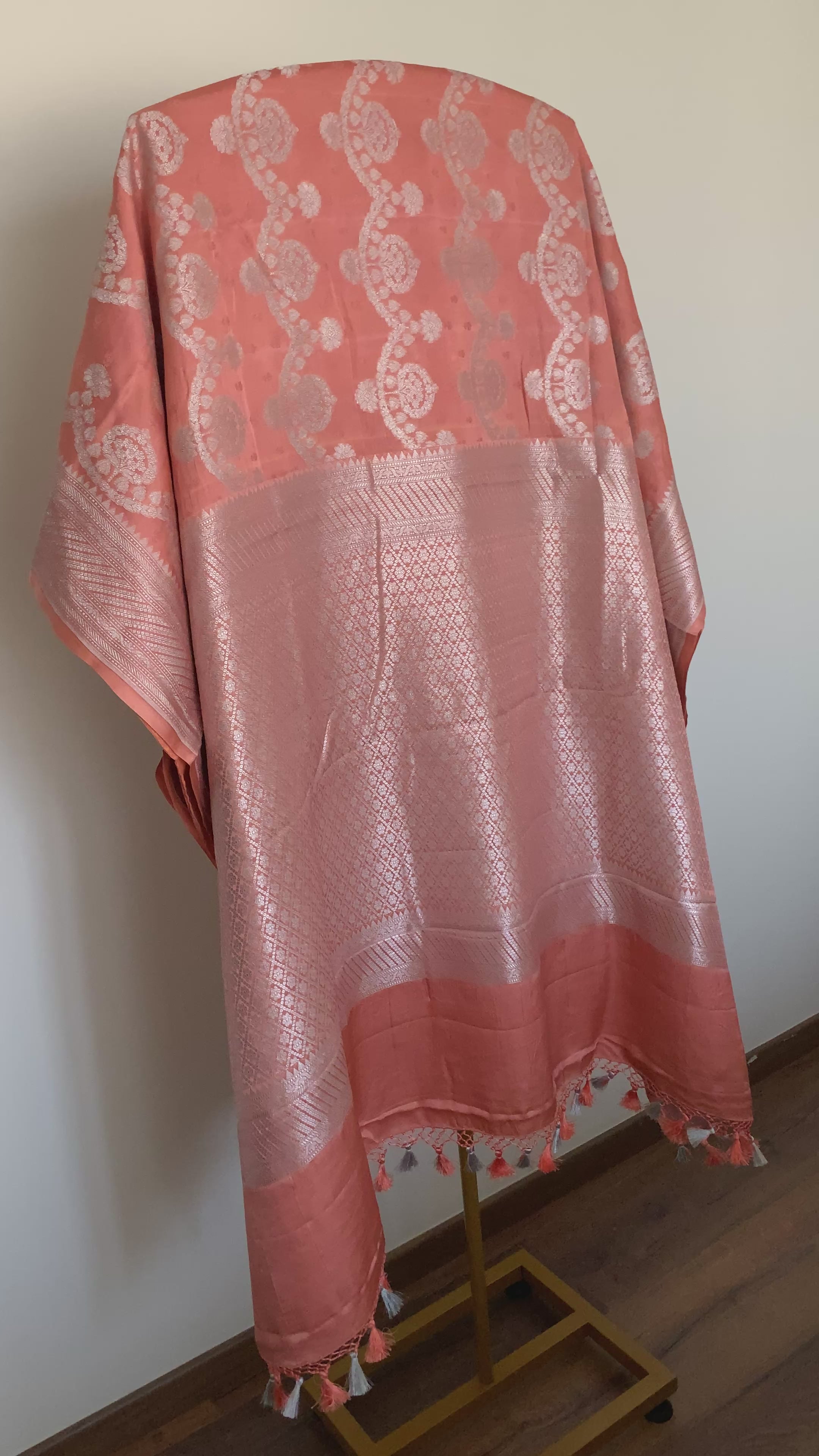 Pastel Deep Peach Banarasi Mashru Silk Saree