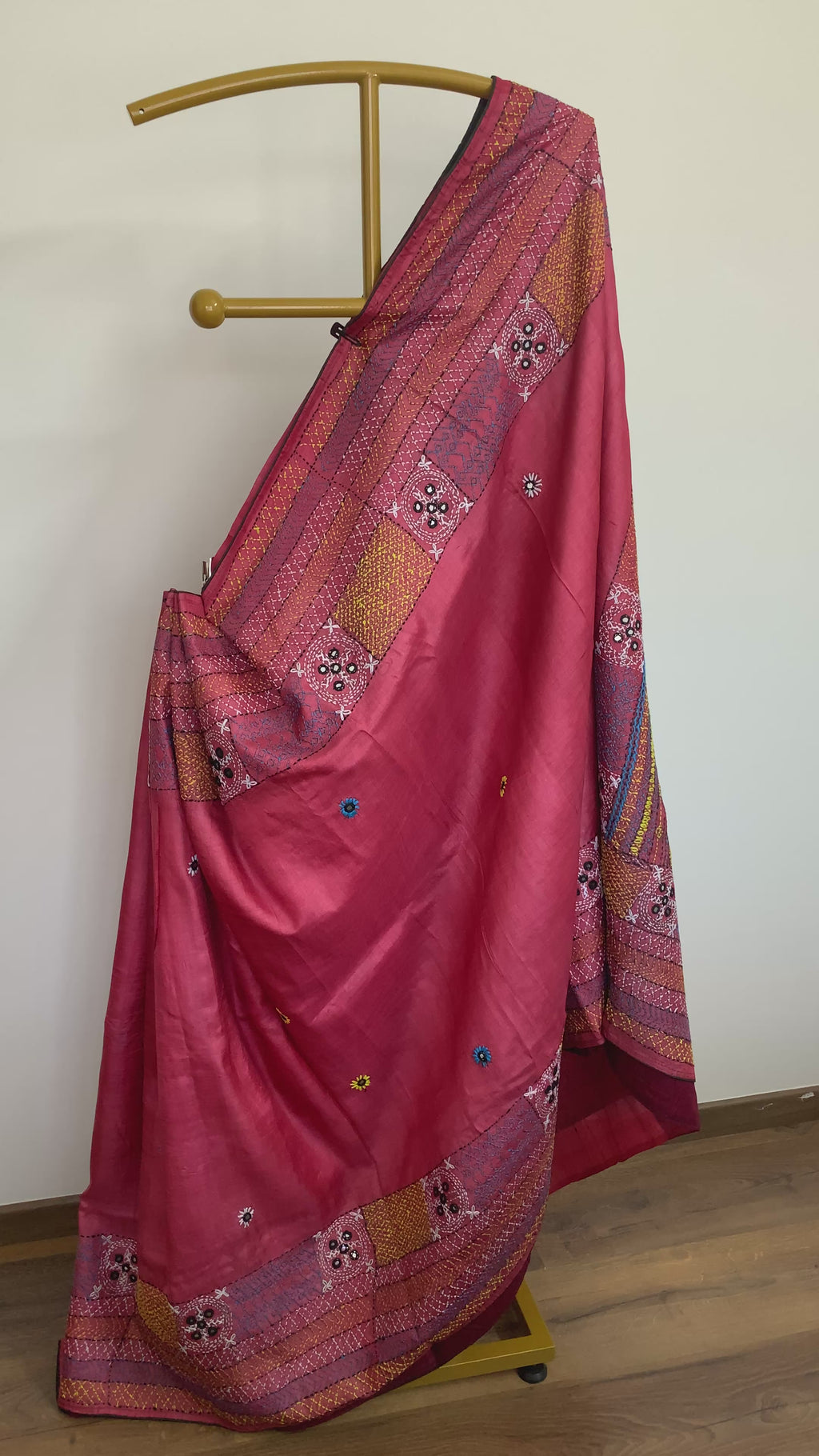 Watermelon Red Kutch Embroidery Tussar Silk Saree
