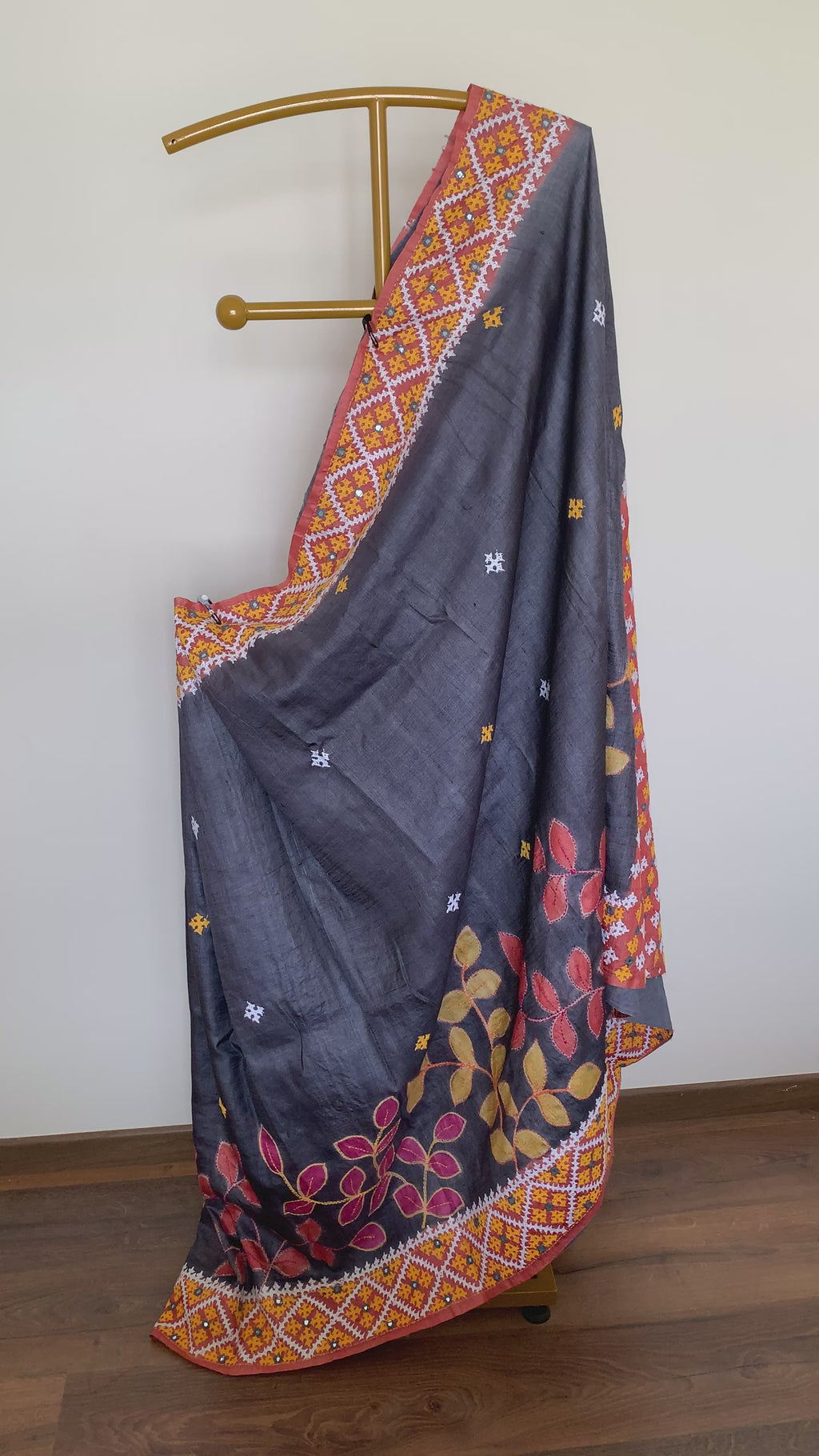 Charcoal Grey Gujarati Stitch Tussar Silk Saree