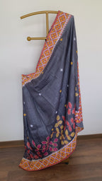 Charcoal Grey Gujarati Stitch Tussar Silk Saree