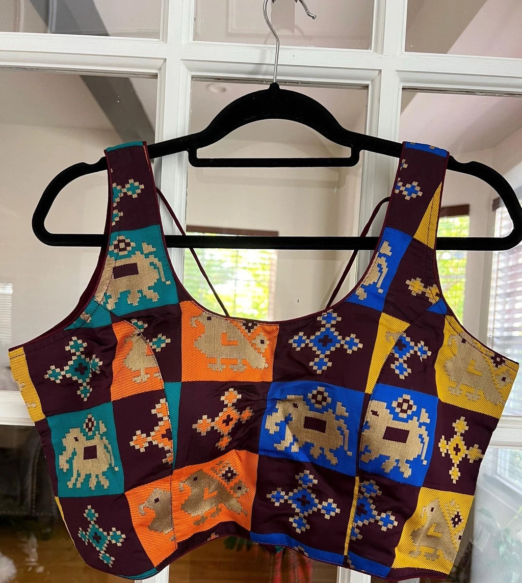 Multicolor Checkered Patola Design Banarasi Blouse