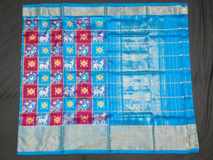 Blue and Pink Checkered Pochampally Ikat Silk Saree
