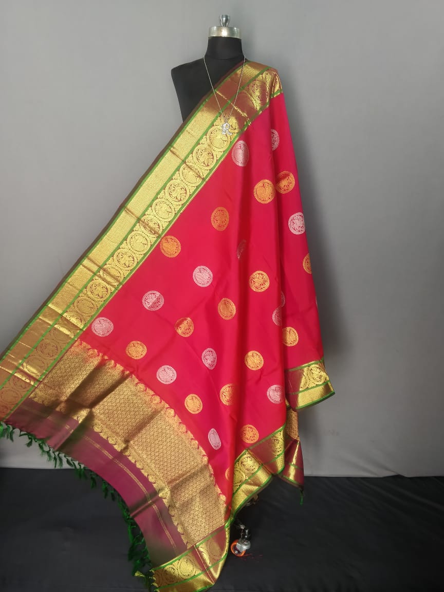 Pink and Green Kanchipuram Silk Dupatta