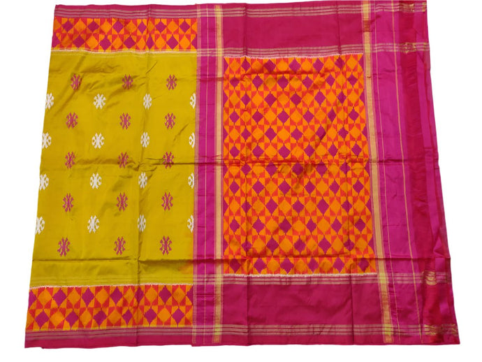 Greenish Yellow Pochampally Ikat Silk Saree