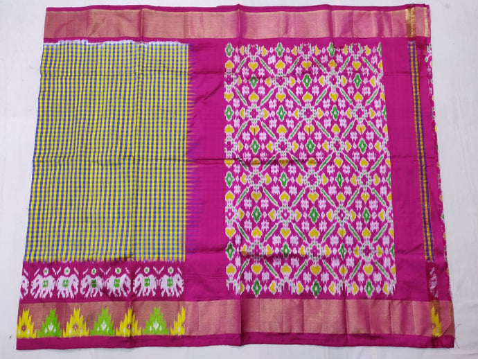 Yellow Checkered Pochampally Ikat Silk Saree