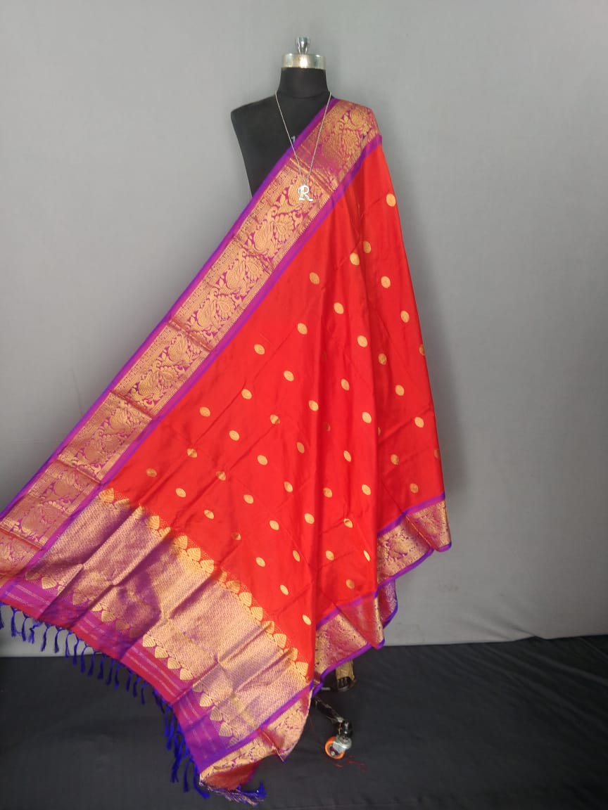 Deep Orange Kanchipuram Silk Dupatta