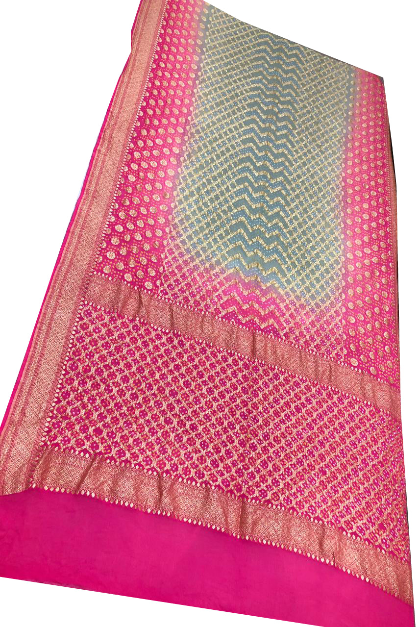Pink and Grey Bandhani Silk Saree