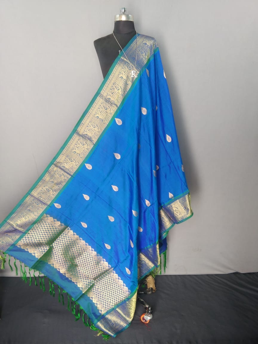 Blue and Green Kanchipuram Silk Dupatta