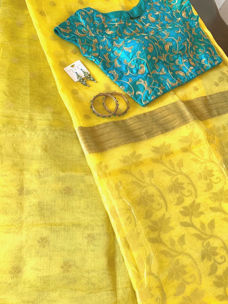 Lemon Yellow Organza Silk Saree