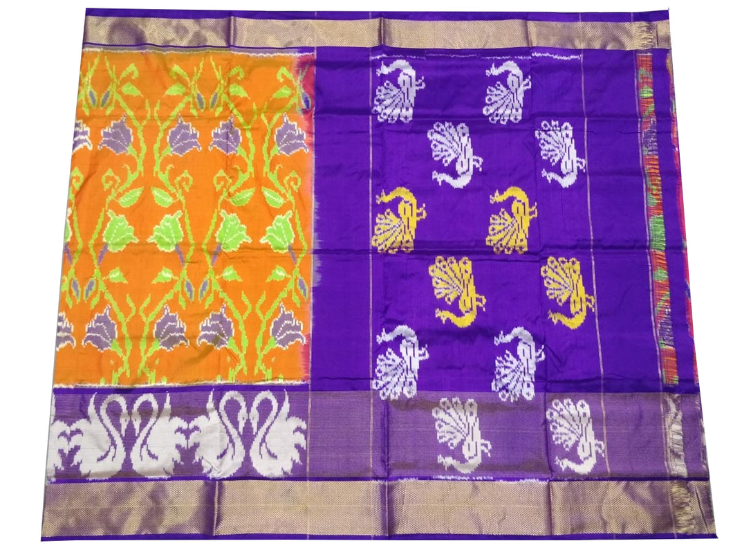 Orange Handloom Pochampally Ikat Pure Silk Saree