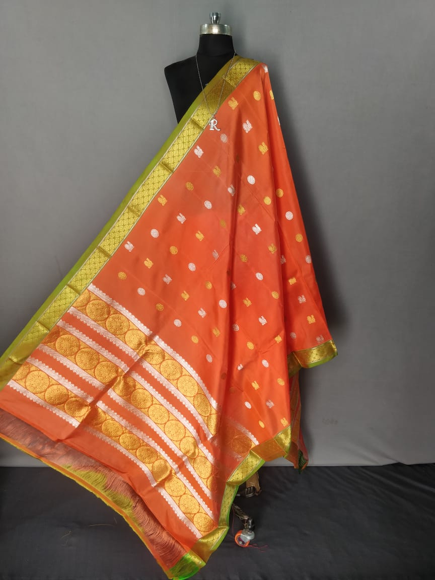 Orange and Green Kanchipuram Silk Dupatta