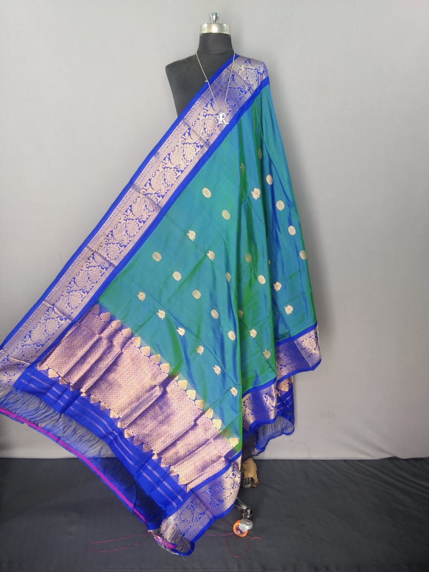 Green and Blue Dual Tone Kanchipuram Silk Dupatta