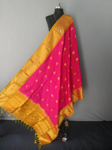 Pink and Yellow Kanchipuram Silk Dupatta