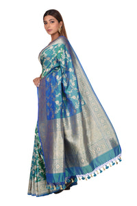 Bridal Floral Jaal Sea Green Blue Banarasi Silk Saree
