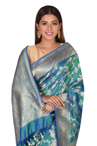 Bridal Floral Jaal Sea Green Blue Banarasi Silk Saree