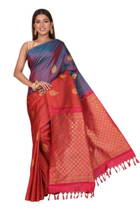 Beautiful Bluish Dual Tone and Red Kanchipuram Silk Saree