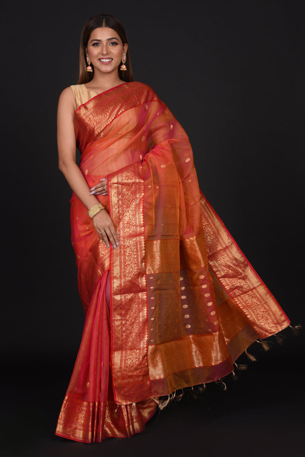 Burnt Orange Organza Silk Saree
