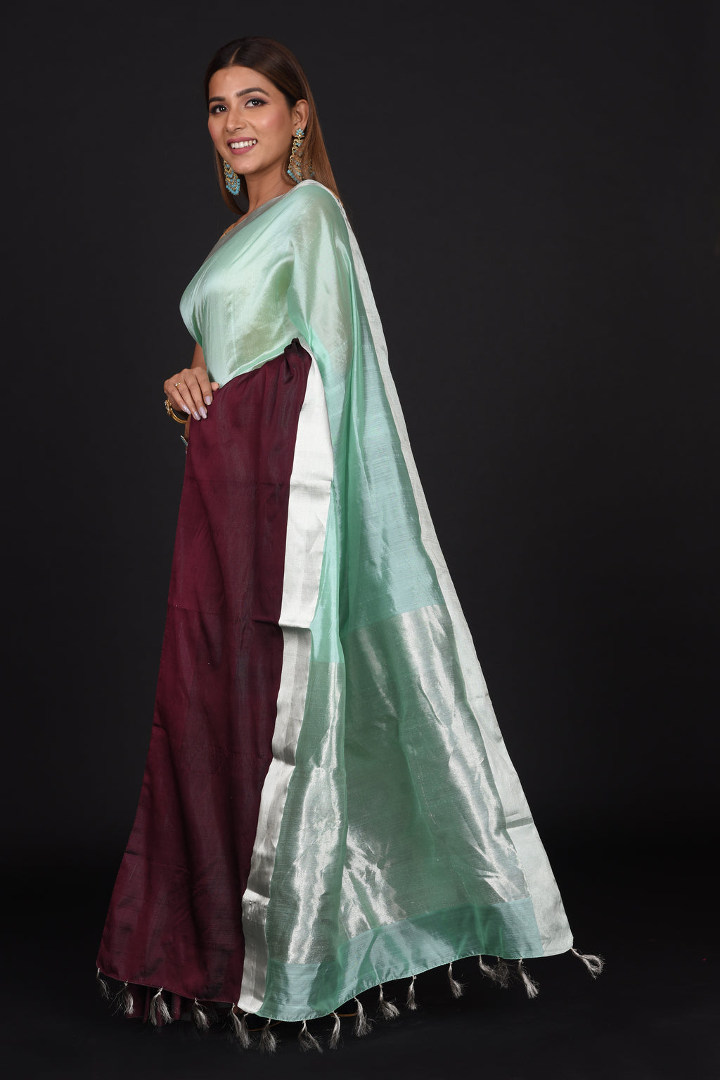 Mint Green and Chocolate Brown Chanderi Katan Silk and Mashru Silk Saree