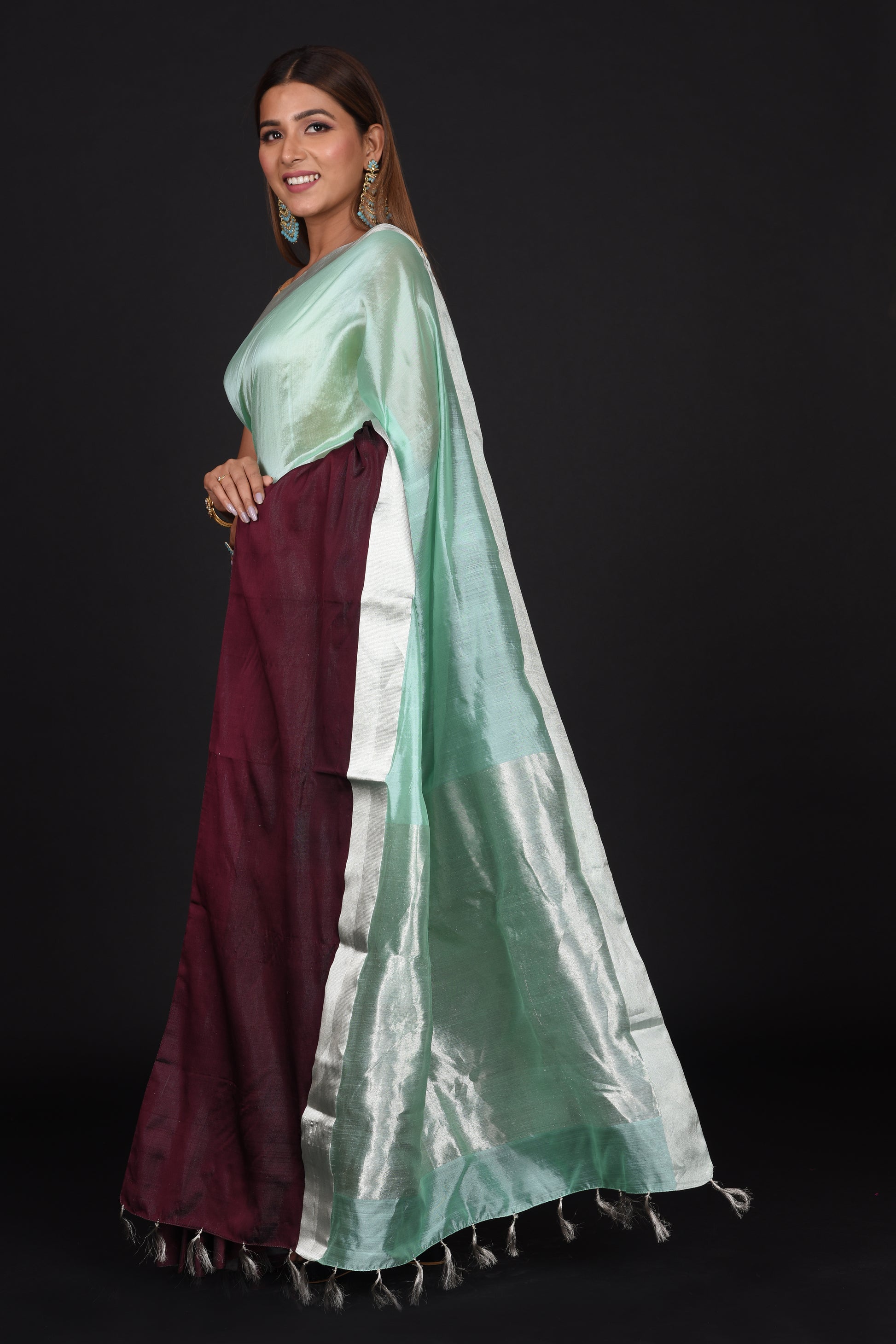 Mint Green and Chocolate Brown Chanderi Katan Silk and Mashru Silk Saree