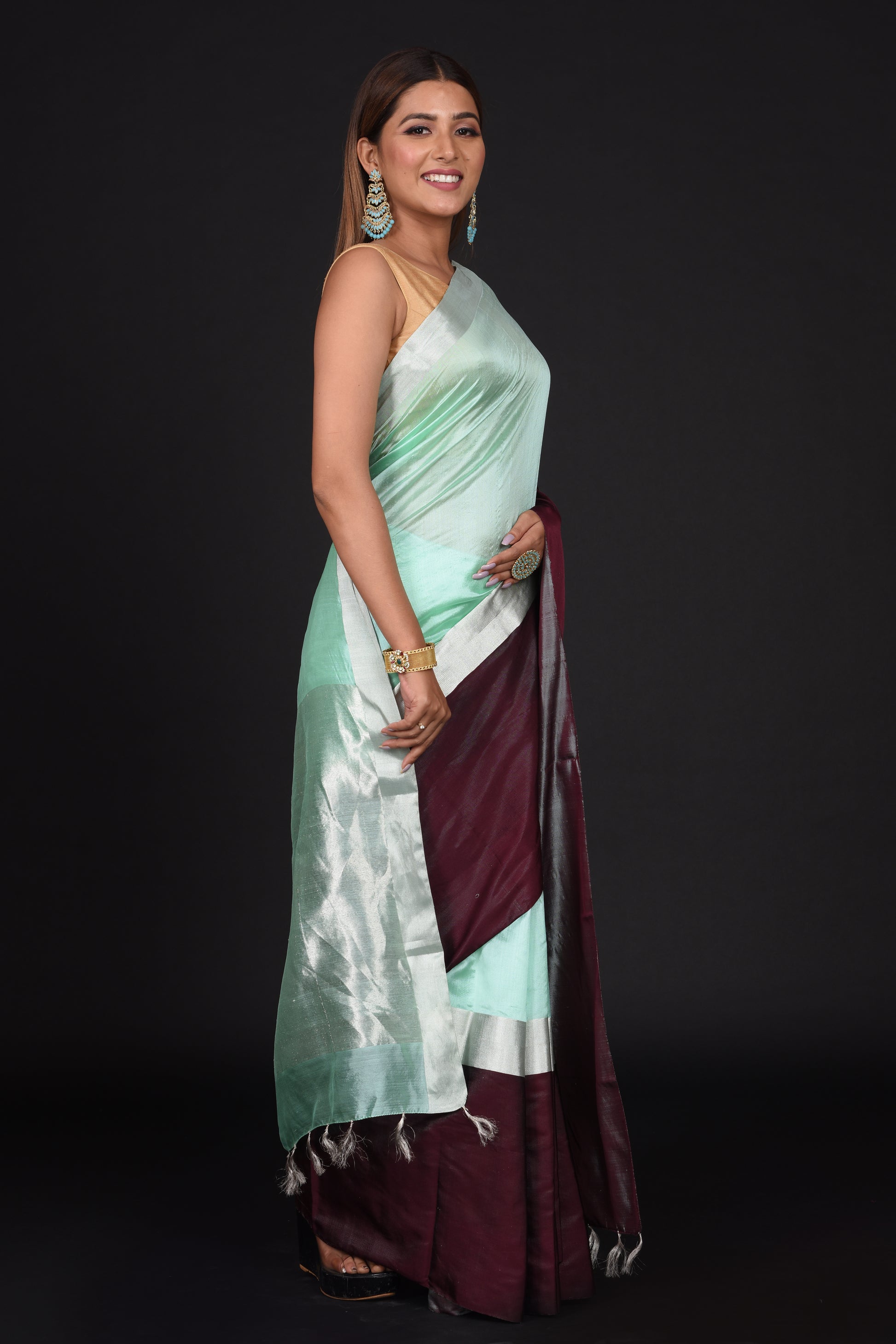 Mint Green and Chocolate Brown Chanderi Katan Silk and Mashru Silk Saree