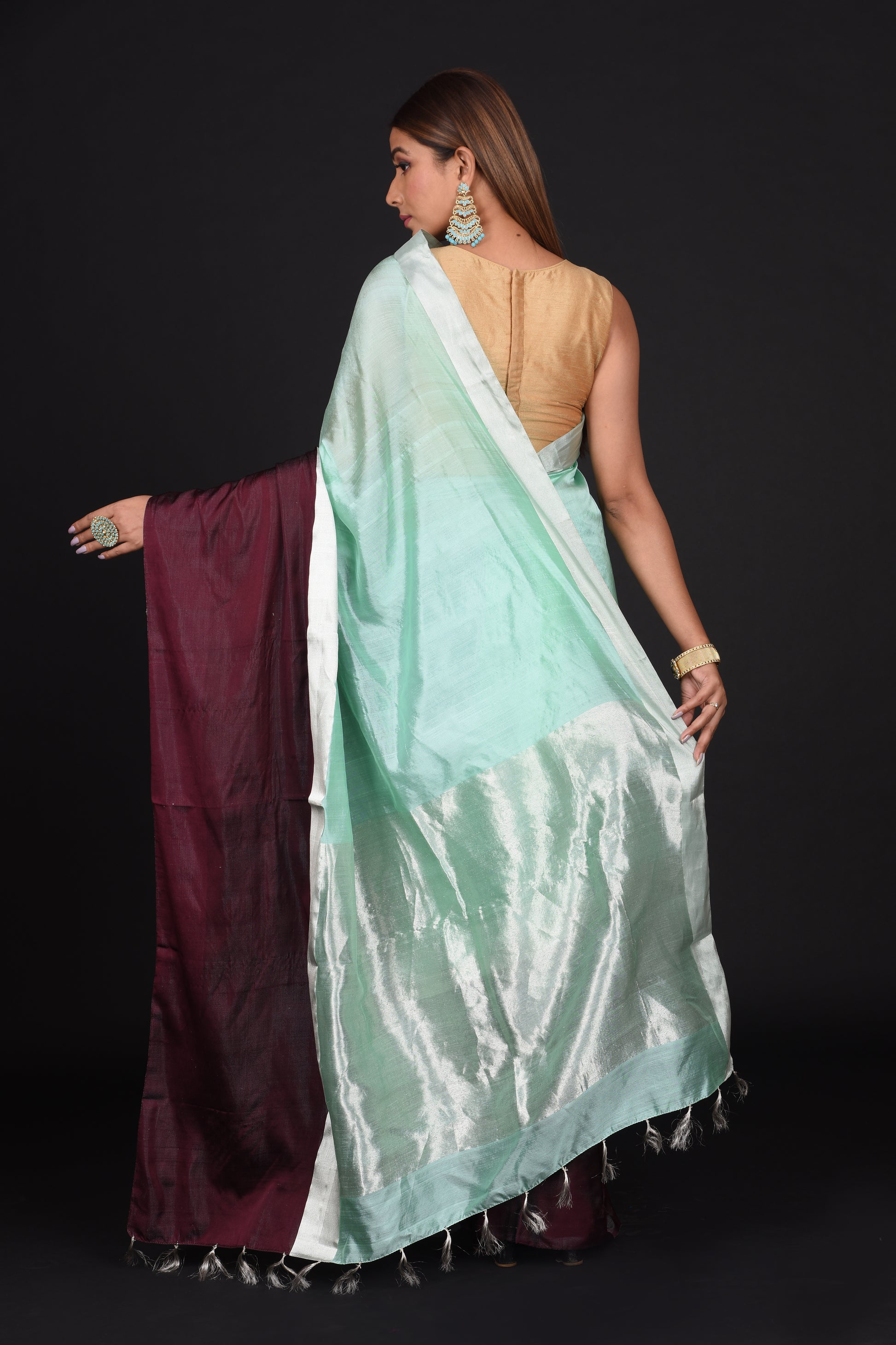 Mint Green and Chocolate Brown Chanderi Katan Silk and Mashru Silk Saree