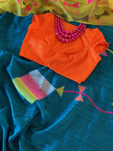 Deep Copper Sulphate Blue Matka Silk Saree with Blouse
