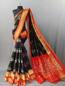 Black Checkered Pochampally Ikat Silk Saree