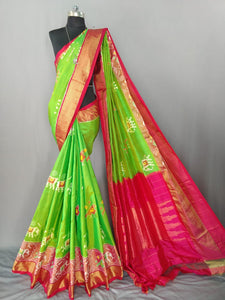 Parrot Green Pochampally Ikat Silk Saree