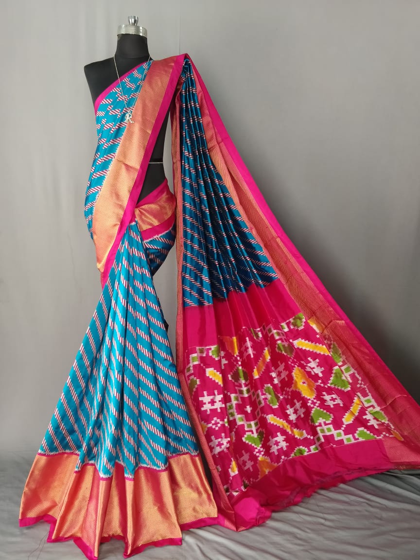 Blue Striped Pochampally Ikat Silk Saree