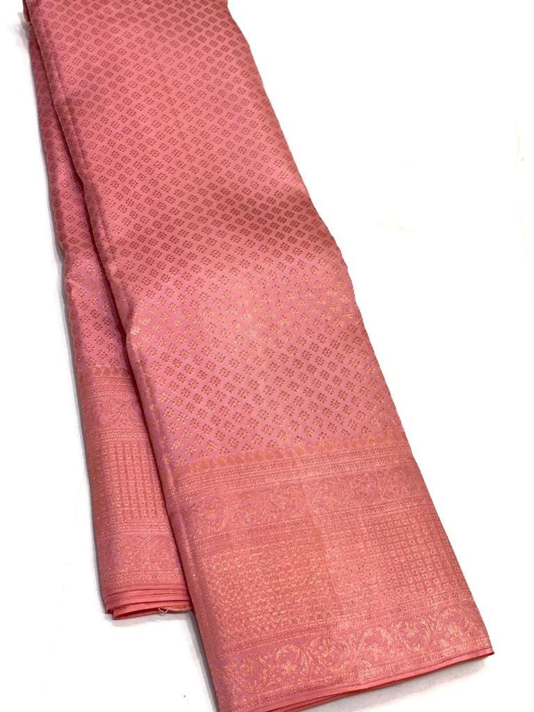 Bridal Peach Pink Brocade Kanchipuram Silk Saree