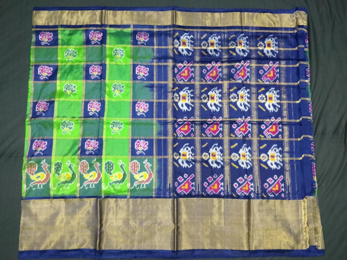 Green and Blue Checkered Pochampally Ikat Silk Saree