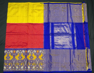 Yellow and Red Checkered Pochampally Ikat Silk Saree