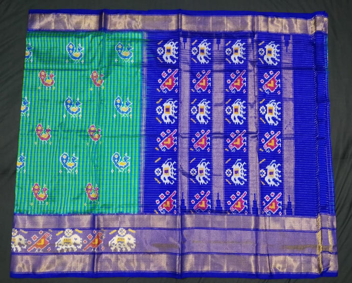 Green and Blue Checkered Pochampally Ikat Silk Saree