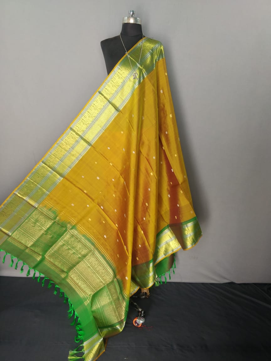 Golden Yellow and Green Kanchipuram Silk Dupatta