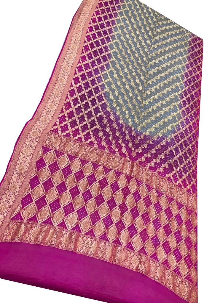 Purple, Pink and Grey Bandhani Silk Saree