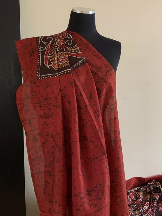 Maroon Red Batik Silk Saree
